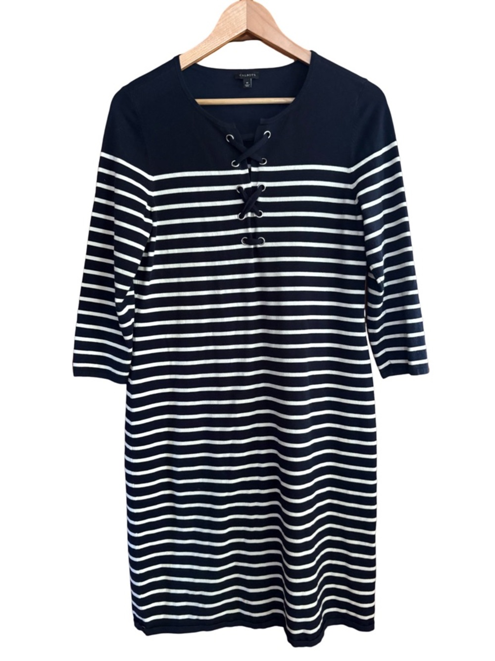 Talbots Navy and White Striped Lace-Up Knit Dress Size Med. EUC
